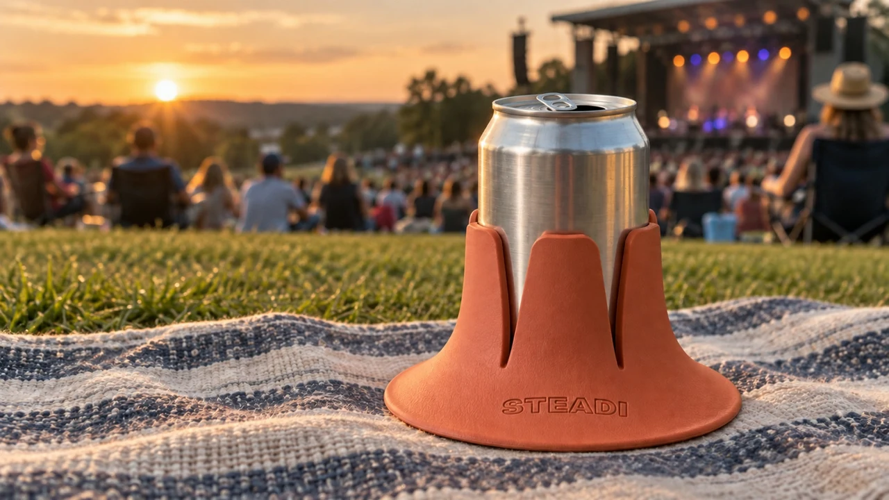 AI lifestyle scene: terracotta Steadi with an opened can on a concert blanket at sunset